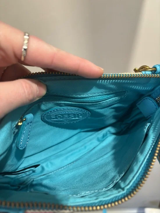 Fossil Blue Leather Cream Canvas Crossbody Shoulder Bag Purse Gold Hardware - Picture 8 of 9